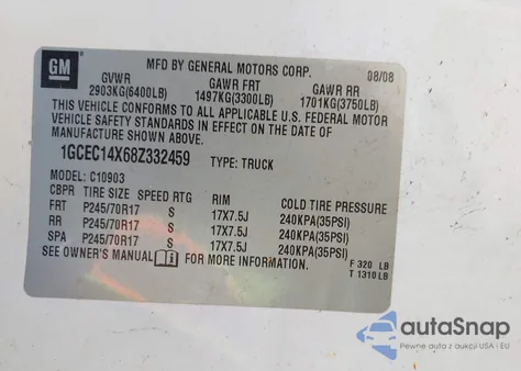 2008 Chevrolet Silverado 1500 Work Truck from USA, damaged, VIN 1GCEC14X68Z332459